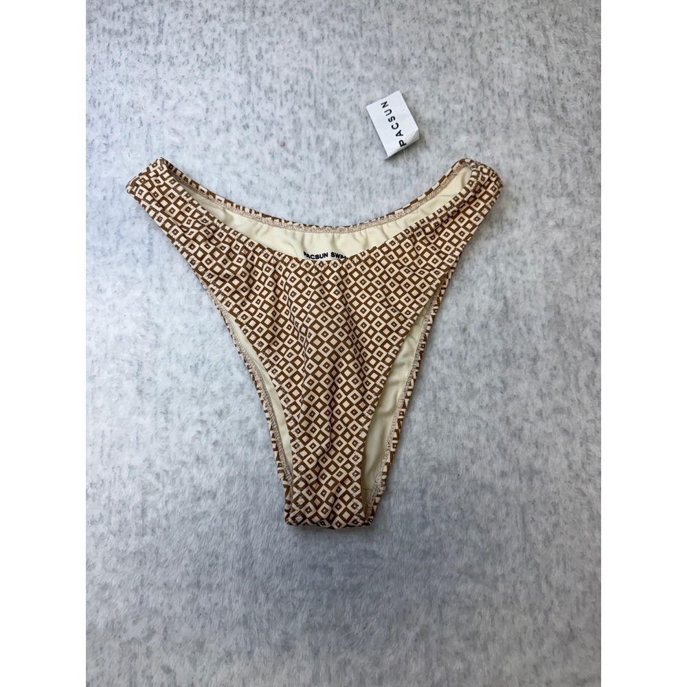 PacSun Swim Geo Print High Cut Cheeky Bikini Bottom‎ Tan White Small NWT 0565